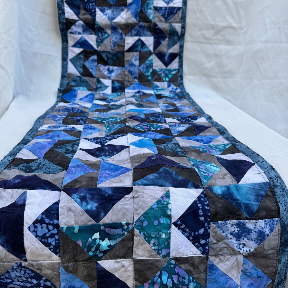 Handmade Batik Patchwork Table Runner Blue Grey Geometric Quilted Boho 18x72